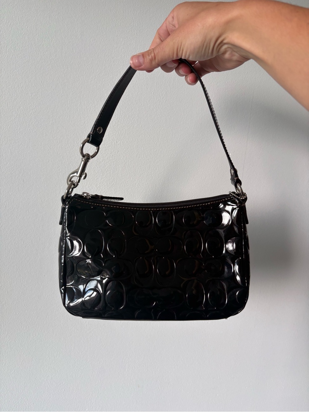 Coach Black Patent Leather Shoulder Wristlet with Signature 'C' Pattern